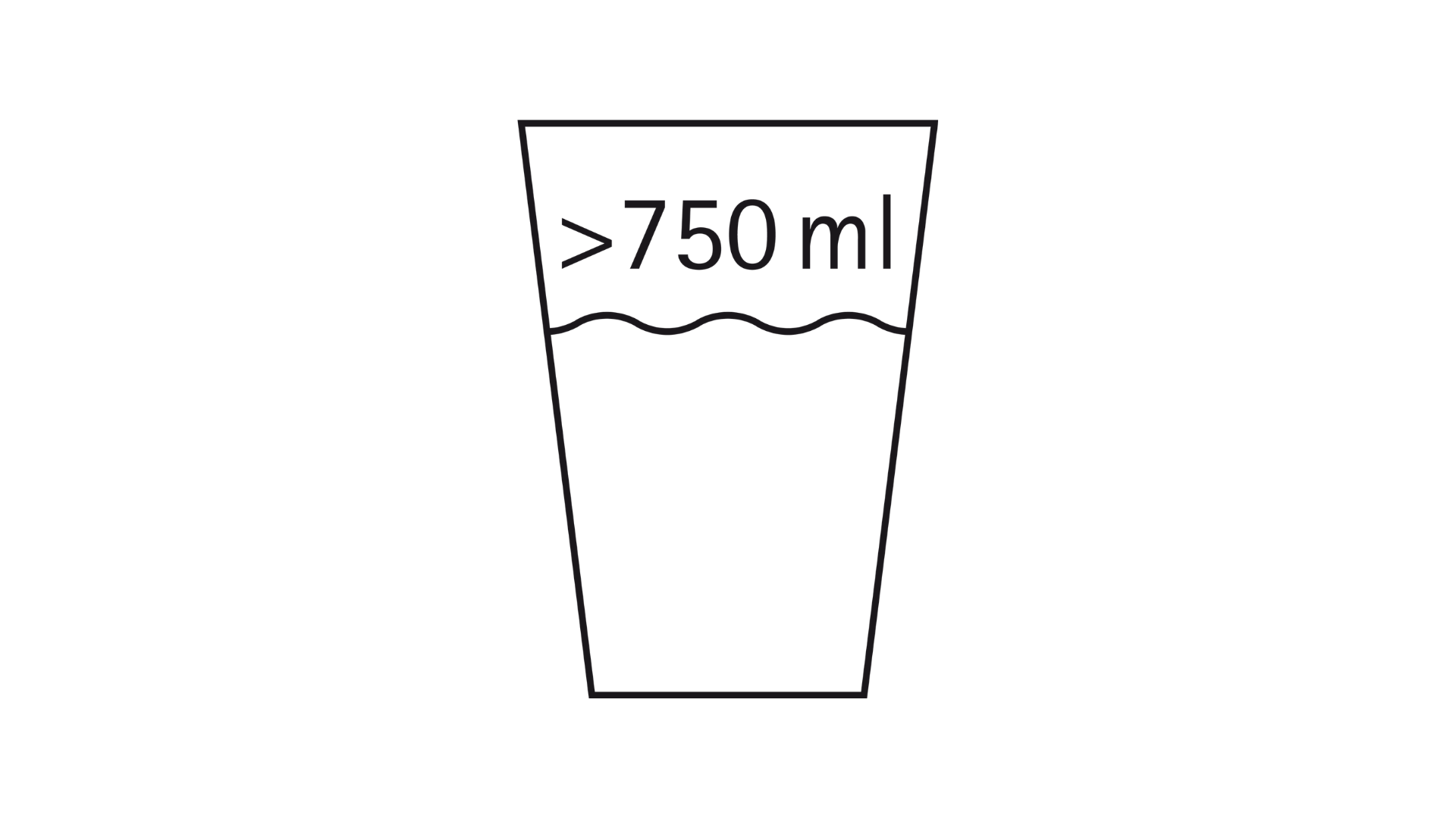 A simple illustration of a transparent glass filled with liquid nearly to the top. A horizontal wavy line indicates the fluid level, and the text ">750ml" is written near the rim.