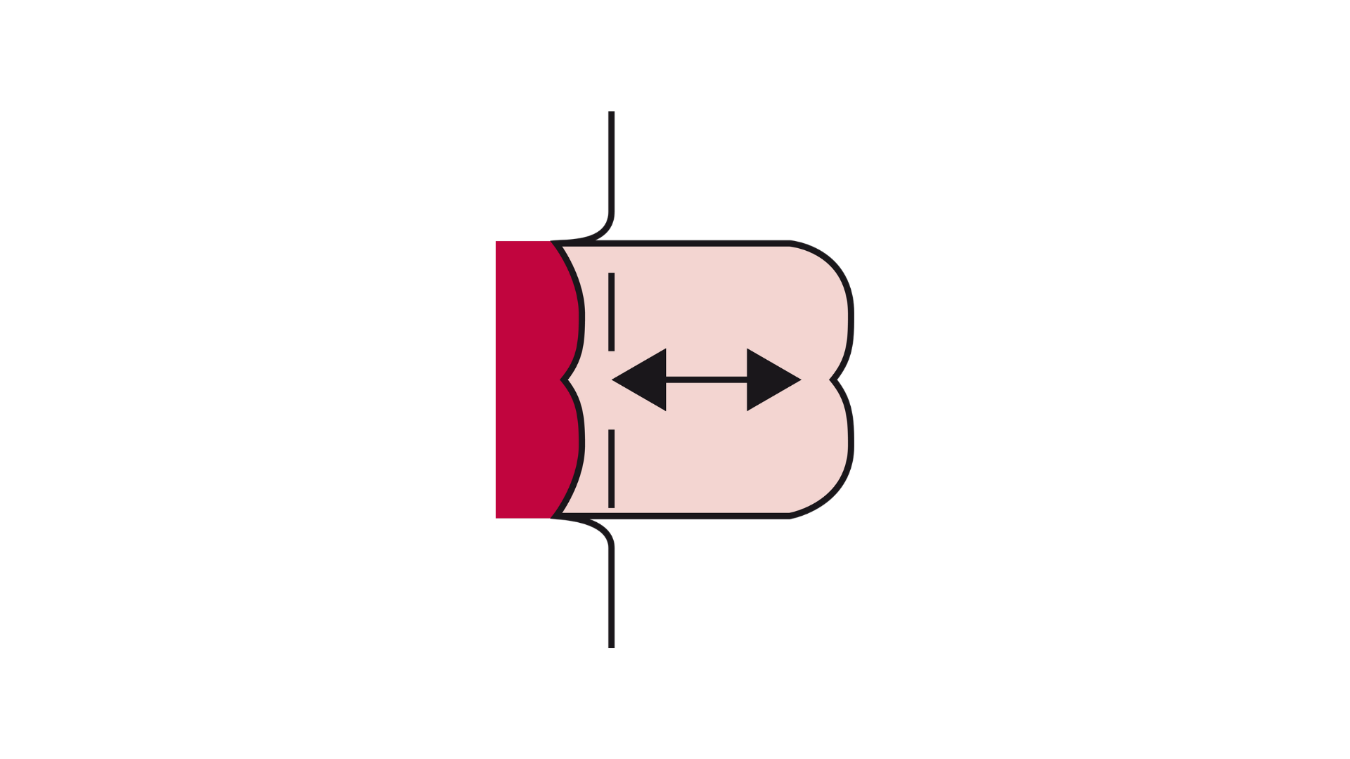 A profile illustration of a telescoping stoma. It shows a main red stoma base at skin level, with a secondary, lighter pink section protruding outward, marked by a double-headed horizontal arrow indicating that the stoma moves inward and outward.