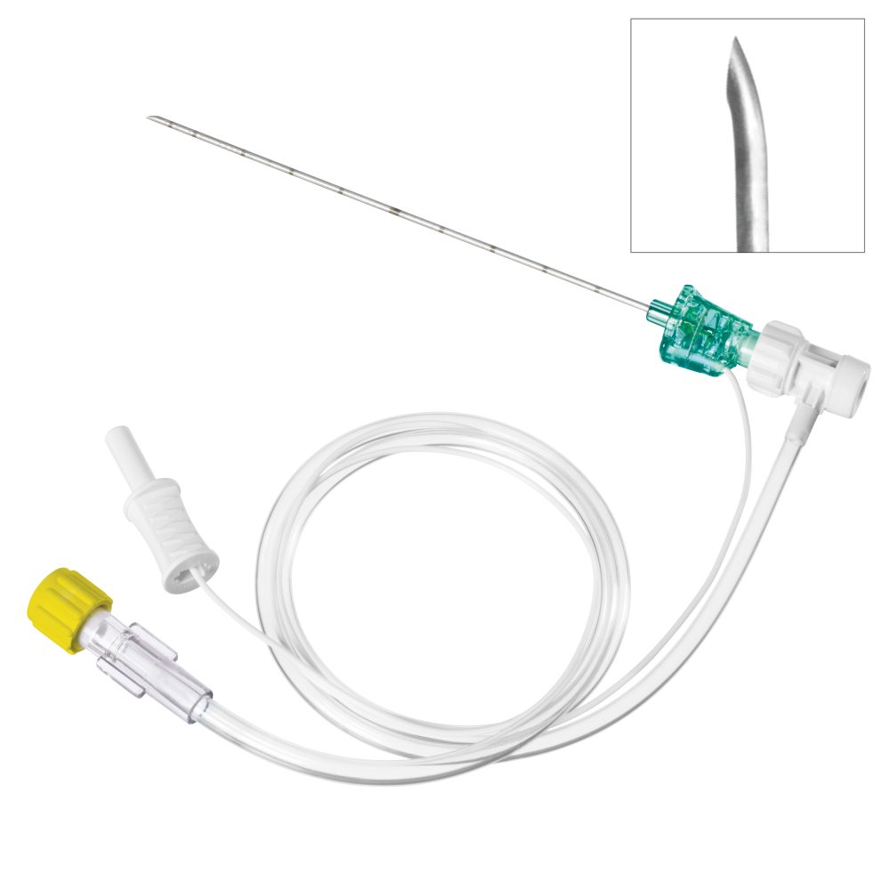 Echogenic, stimulating catheter-through-needle system for continuous peripheral nerve blocks (cPNB) with Tuohy bevel